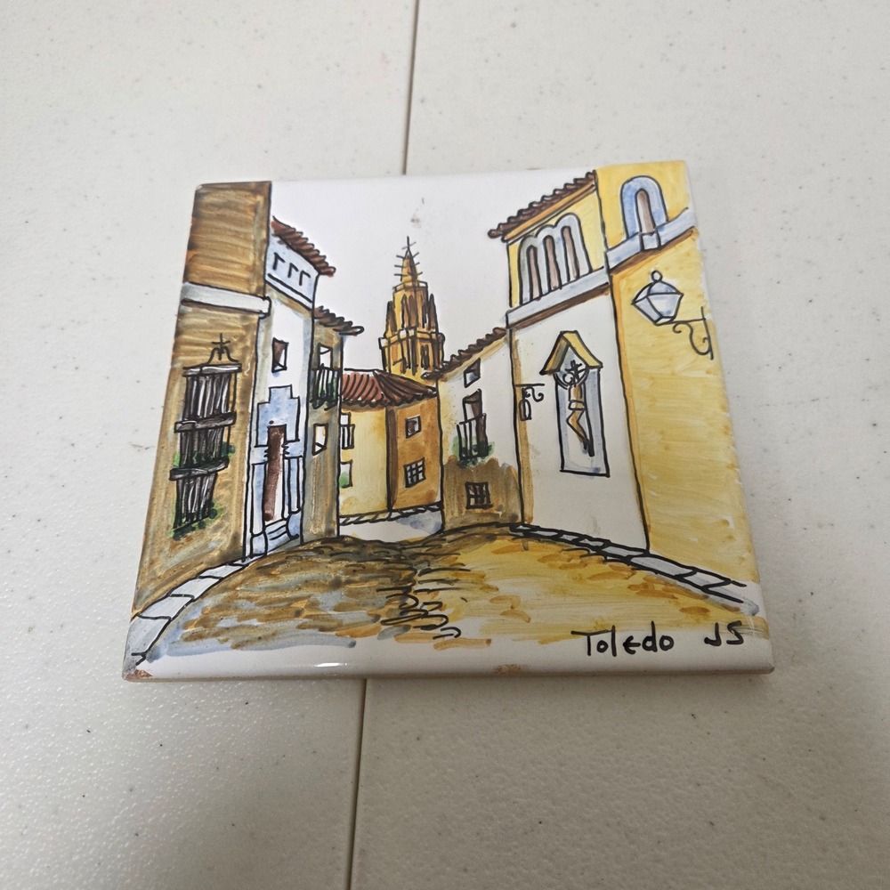 Cedolesa Spain Hand Painted Toledo Street Scene Ceramic Tile 6x6 JS Signed